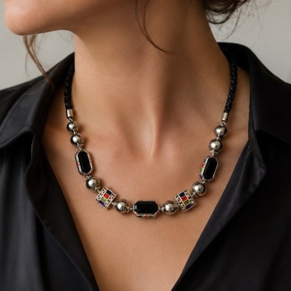 Vintage Southwestern Enamel Statement Necklace Black Faceted Acrylic Silver Tone